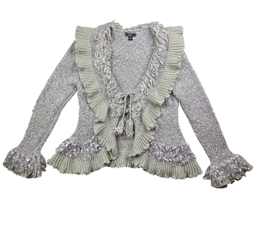 Y2K Lisa International Ruffle Tie Front Cardigan Sweater S Boho Fairy Coquette